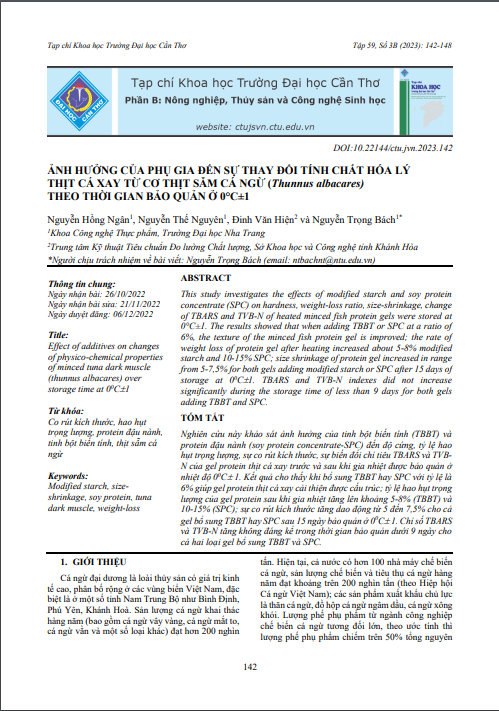 Ảnh hưởng của phụ gia đến sự thay đổi tính chất hóa lý thịt cá xay từ cơ thịt sẫm cá ngừ (Thunnus albacares) theo thời gian bảo quản ở 00C±1
