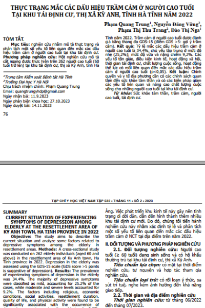 Thực trạng mắc các dấu hiệu trầm cảm ở người cao tuổi tại khu tái định cư, thị xã kỳ anh, tỉnh hà tĩnh năm 2022