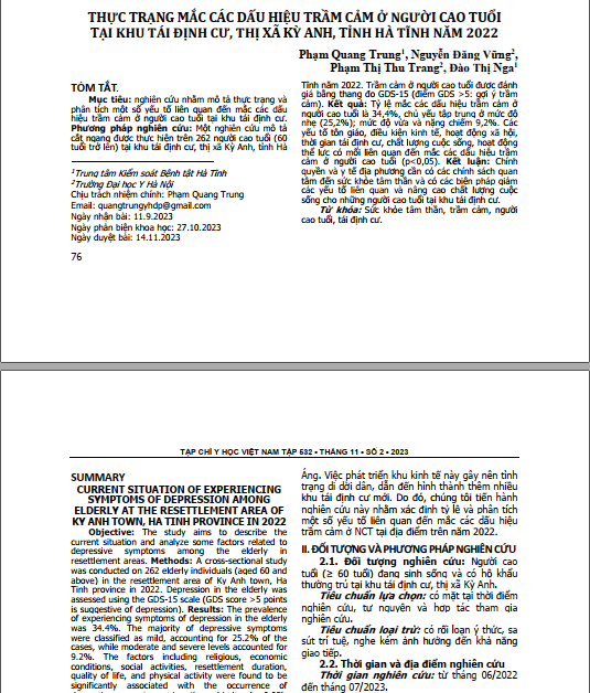 Thực trạng mắc các dấu hiệu trầm cảm ở người cao tuổi tại khu tái định cư, thị xã kỳ anh, tỉnh hà tĩnh năm 2022