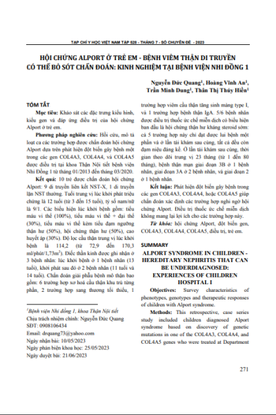 Hội chứng Alport ở trẻ em - bệnh viêm thận di truyền có thể bỏ sót chẩn đoán: Kinh nghiệm tại Bệnh viện Nhi Đồng 1