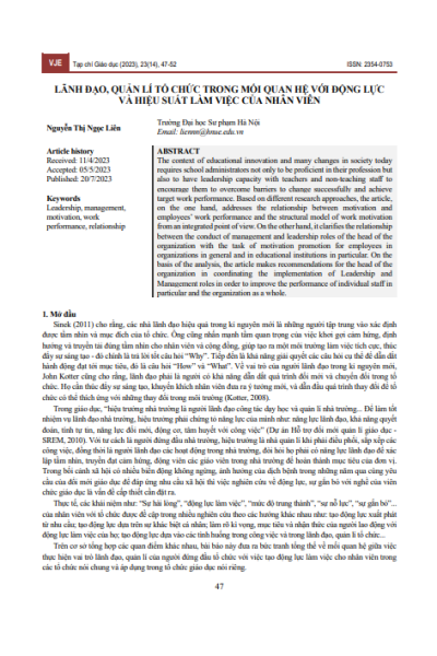Lãnh đạo, quản lí tổ chức trong mối quan hệ với động lực và hiệu suất làm việc của nhân viên