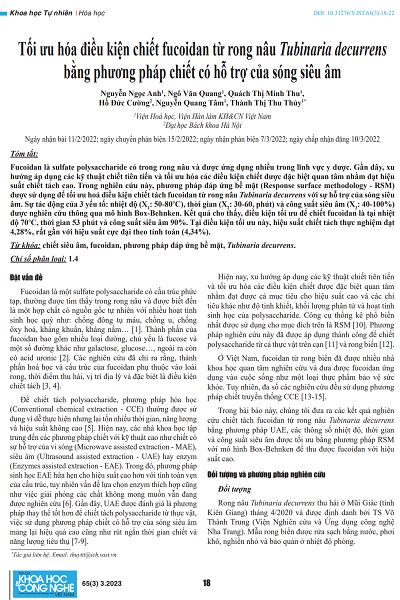 Tối ưu hóa điều kiện chiết fucoidan từ rong nâu Tubinaria decurrens bằng phương pháp chiết có hỗ trợ của sóng siêu âm