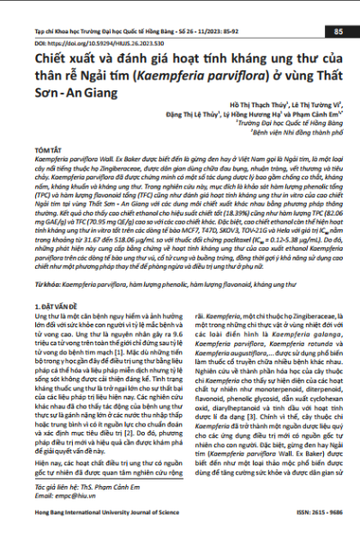 Chiết xuất và đánh giá hoạt tính kháng ung thư của thân rễ Ngải tím (Kaempferia parviﬂora) ở vùng Thất Sơn - An Giang