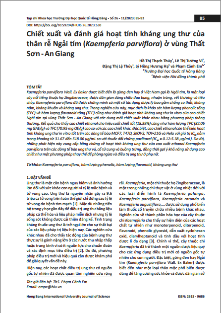 Chiết xuất và đánh giá hoạt tính kháng ung thư của thân rễ Ngải tím (Kaempferia parviﬂora) ở vùng Thất Sơn - An Giang