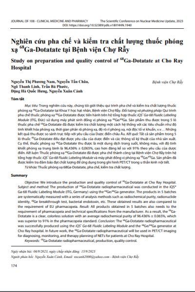 Nghiên cứu pha chế và kiểm tra chất lượng thuốc phóng xạ 68Ga-Dotatate tại Bệnh viện Chợ Rẫy