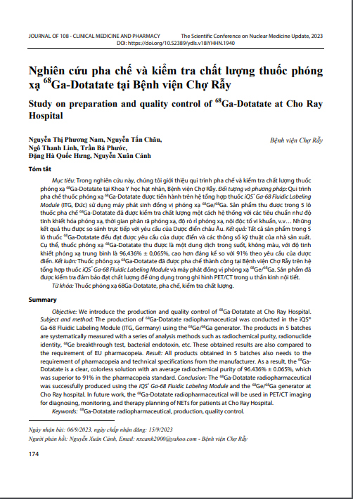 Nghiên cứu pha chế và kiểm tra chất lượng thuốc phóng xạ 68Ga-Dotatate tại Bệnh viện Chợ Rẫy