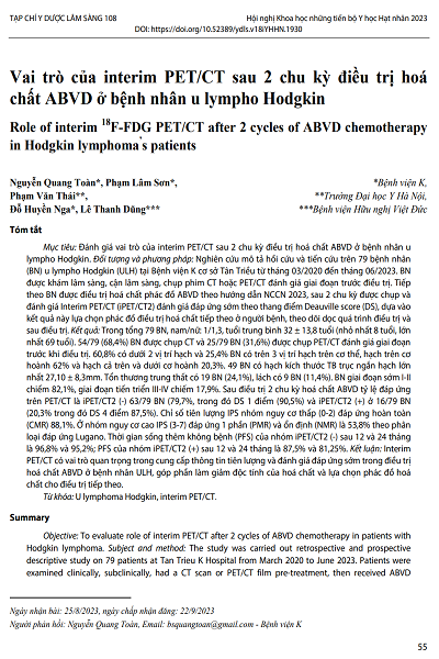 Vai trò của interim PET/CT sau 2 chu kỳ điều trị hoá chất ABVD ở bệnh nhân u lympho Hodgkin