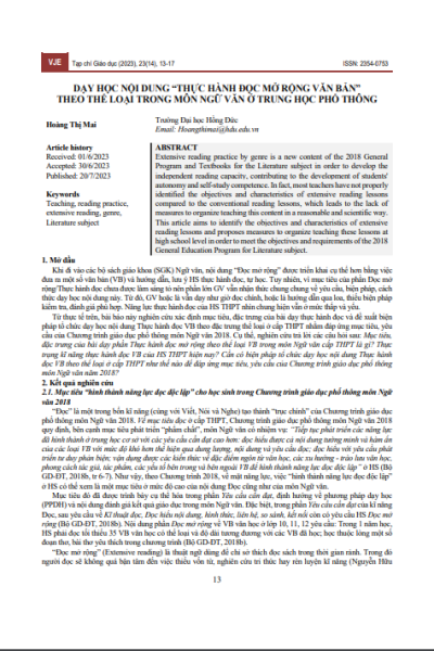 Dạy học nội dung “Thực hành đọc mở rộng văn bản” theo thể loại trong môn Ngữ văn ở trung học phổ thông