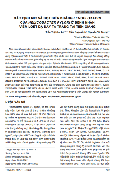 Xác định MIC và đột biến kháng levofloxacin của Helicobacter pylori ở bệnh nhân viêm loét dạ dày tá tràng tại Tiền Giang