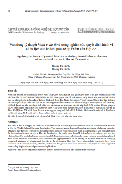 Vận dụng lý thuyết hành vi dự định trong nghiên cứu quyết định hành vi đi du lịch của khách quốc tế tại Điểm đến Hội An