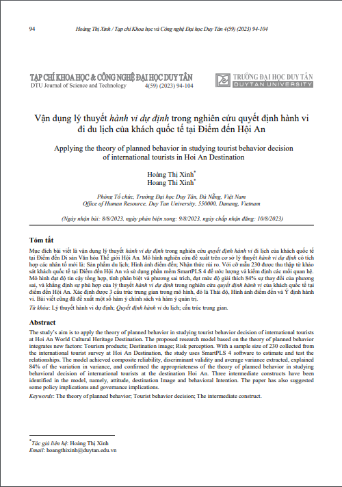 Vận dụng lý thuyết hành vi dự định trong nghiên cứu quyết định hành vi đi du lịch của khách quốc tế tại Điểm đến Hội An