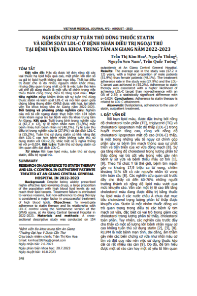 Nghiên cứu sự tuân thủ dùng thuốc statin và kiểm soát LDL-C ở bệnh nhân điều trị ngoại trú tại Bệnh viện Đa khoa Trung tâm An Giang năm 2022-2023
