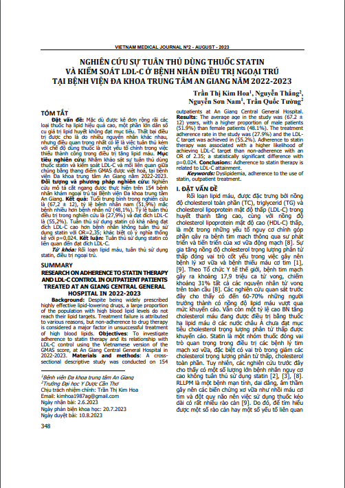 Nghiên cứu sự tuân thủ dùng thuốc statin và kiểm soát LDL-C ở bệnh nhân điều trị ngoại trú tại Bệnh viện Đa khoa Trung tâm An Giang năm 2022-2023