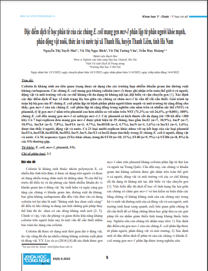 Đặc điểm dịch tễ học phân tử của các chủng E. coli mang gen mcr-1 phân lập từ phân người khỏe mạnh, phân động vật nuôi, thức ăn và nước tại xã Thanh Hà, huyện Thanh Liêm, tỉnh Hà Nam