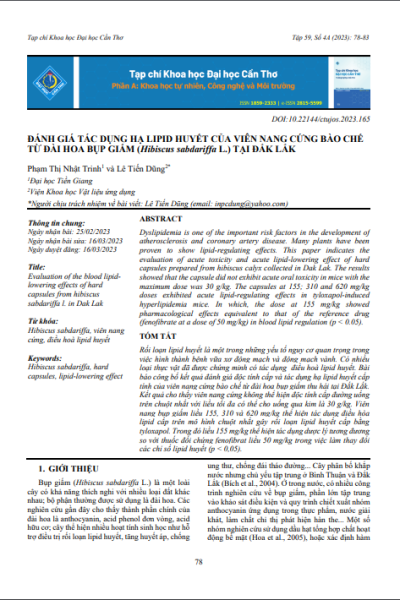 Đánh giá tác dụng hạ lipid huyết của viên nang cứng bào chế từ đài hoa bụp giấm (Hibiscus sabdariffa L.) tại Đắk Lắk