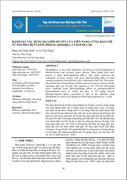 Đánh giá tác dụng hạ lipid huyết của viên nang cứng bào chế từ đài hoa bụp giấm (Hibiscus sabdariffa L.) tại Đắk Lắk