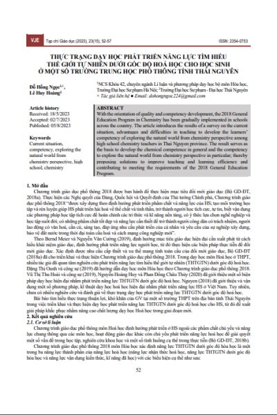 Thực trạng dạy học phát triển năng lực tìm hiểu thế giới tự nhiên dưới góc độ hoá học cho học sinh ở một số trường trung học phổ thông tỉnh Thái Nguyên