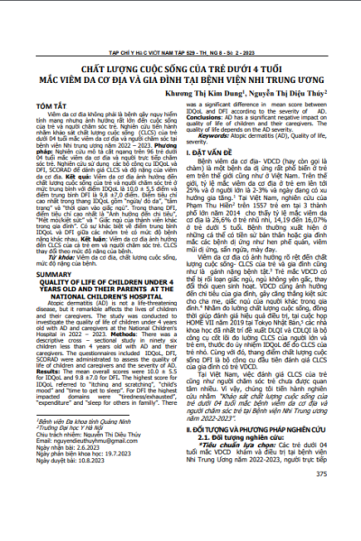 Chất lượng cuộc sống của trẻ dưới 4 tuổi mắc viêm da cơ địa và gia đình tại Bệnh viện Nhi Trung ương
