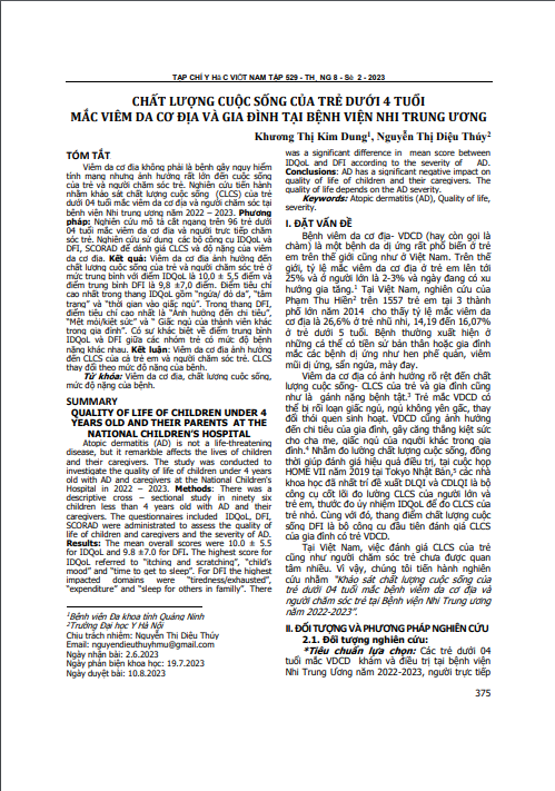 Chất lượng cuộc sống của trẻ dưới 4 tuổi mắc viêm da cơ địa và gia đình tại Bệnh viện Nhi Trung ương