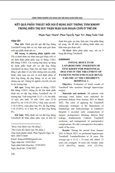 Kết quả phẫu thuật nội soi ổ bụng đặt thông Tenckhoff trong điều trị suy thận mạn giai đoạn cuối ở trẻ em