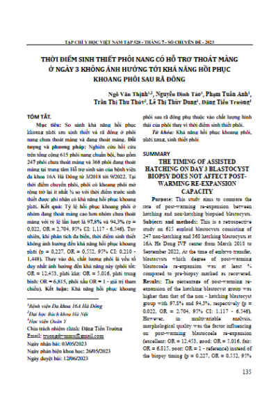 Thời điểm sinh thiết phôi nang có hỗ trợ thoát màng ở ngày 3 không ảnh hưởng tới khả năng hồi phục khoang phôi sau rã đông