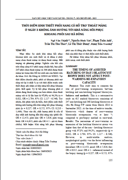 Thời điểm sinh thiết phôi nang có hỗ trợ thoát màng ở ngày 3 không ảnh hưởng tới khả năng hồi phục khoang phôi sau rã đông