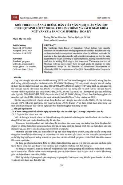 Giới thiệu chuẩn và hướng dẫn viết văn nghị luận văn học cho học sinh lớp 12 trong chương trình và sách giáo khoa ngữ văn của bang California - Hoa Kỳ