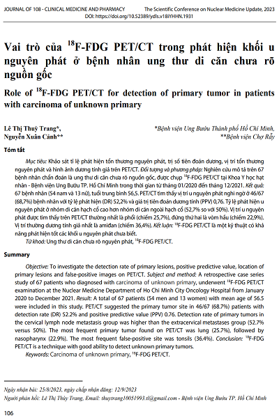 Vai trò của 18F-FDG PET/CT trong phát hiện khối u nguyên phát ở bệnh nhân ung thư di căn chưa rõ nguồn gốc