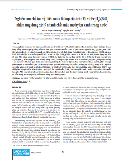 Nghiên cứu chế tạo vật liệu nano tổ hợp cấu trúc lõi vỏ Fe3O4@SiO2 nhằm ứng dụng xử lý nhanh chất màu methylen xanh trong nước