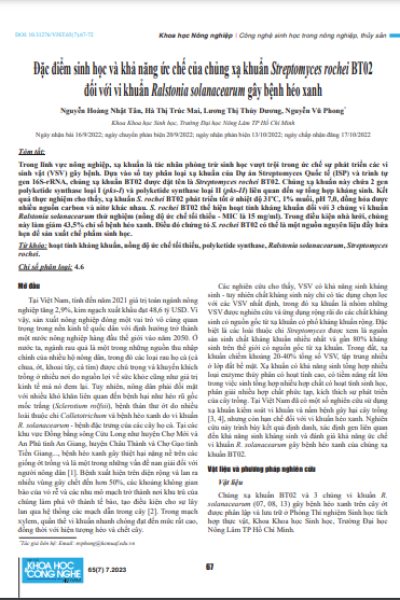 Đặc điểm sinh học và khả năng ức chế của chủng xạ khuẩn Streptomyces rochei BT02 đối với vi khuẩn Ralstonia solanacearum gây bệnh héo xanh