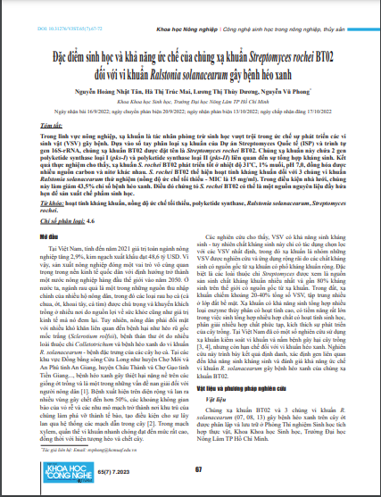 Đặc điểm sinh học và khả năng ức chế của chủng xạ khuẩn Streptomyces rochei BT02 đối với vi khuẩn Ralstonia solanacearum gây bệnh héo xanh