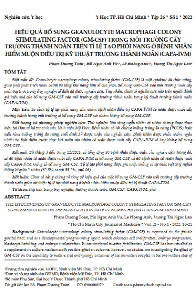 Hiệu quả bổ sung Granulocyte macrophage colony stimulating factor (gm-csf) trong môi trường cấy trưởng thành noãn trên tỉ lệ tạo phôi nang ở bệnh nhân hiếm muộn