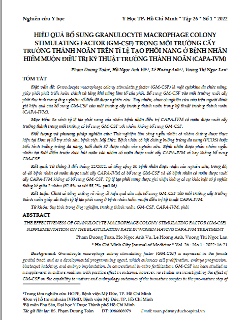 Hiệu quả bổ sung Granulocyte macrophage colony stimulating factor (gm-csf) trong môi trường cấy trưởng thành noãn trên tỉ lệ tạo phôi nang ở bệnh nhân hiếm muộn