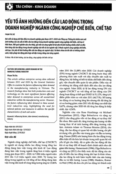 Yếu tố ảnh hưởng đến cầu lao động trong doanh nghiệp, ngành công nghiệp chế biến, chế tạo