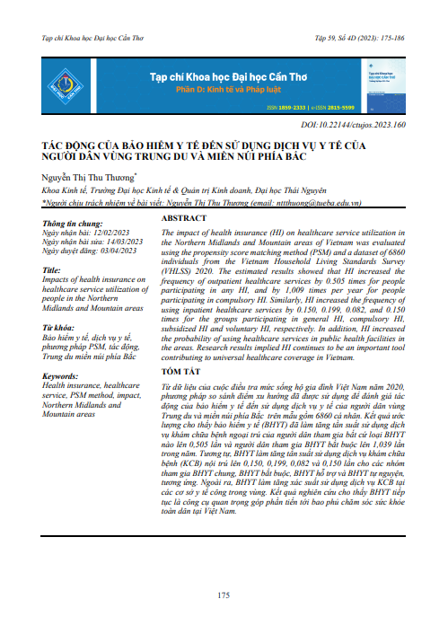 Tác động của bảo hiểm y tế đến sử dụng dịch vụ y tế của người dân vùng trung du và miền núi phía bắc