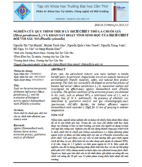 Nghiên cứu quy trình trích ly dịch chiết thô lá chuối già (Musa paradisiaca L.) và khảo sát hoạt tính sinh học của dịch chiết đối với sâu tơ (Plutella xylostella)
