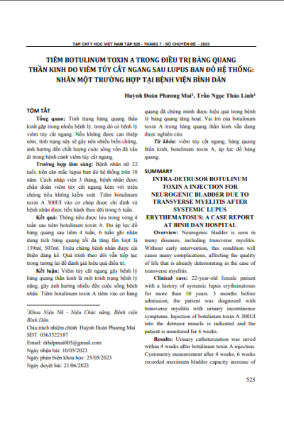 Tiêm botulinum toxin A trong điều trị bàng quang thần kinh do viêm tủy cắt ngang sau lupus ban đỏ hệ thống: Nhân một trường hợp tại Bệnh viện Bình Dân