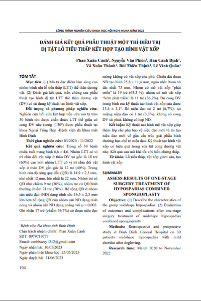 Đánh giá kết quả phẫu thuật một thì điều trị dị tật lỗ tiểu thấp kết hợp tạo hình vật xốp