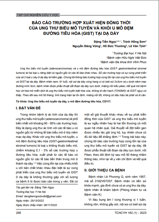 Báo cáo trường hợp xuất hiện đồng thời của ung thư biểu mô tuyến và khối u mô đệm đường tiêu hóa (GIST) tại dạ dày