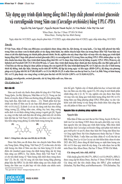 Xây dựng quy trình định lượng đồng thời 2 hợp chất phenol orcinol glucoside và curculigoside trong Sâm cau (Curculigo orchioides) bằng UPLC-PDA