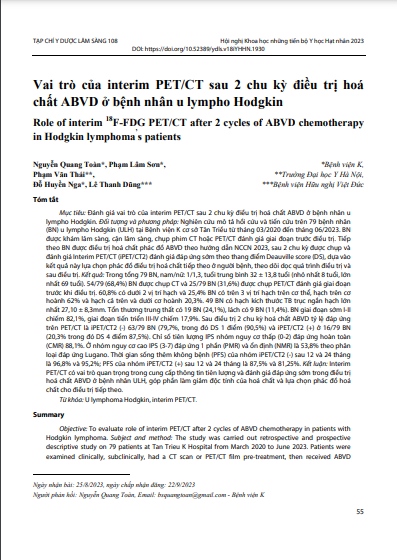 Vai trò của interim PET/CT sau 2 chu kỳ điều trị hoá chất ABVD ở bệnh nhân u lympho Hodgkin