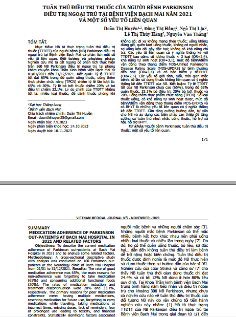 Tuân thủ điều trị thuốc của người bệnh Parkinson điều trị ngoại trú tại bệnh viện Bạch Mai năm 2021 và một số yếu tố liên quan