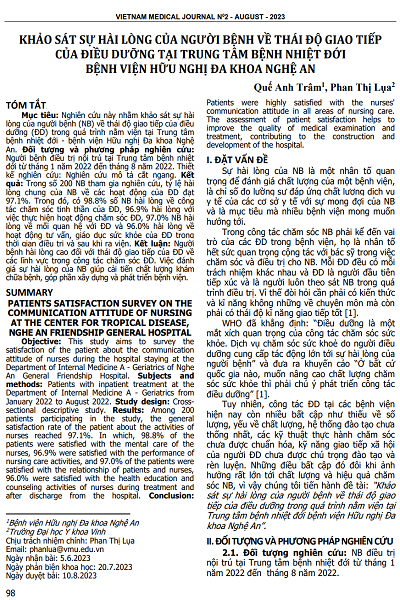 KHẢO SÁT SỰ HÀI LÒNG CỦA NGƯỜI BỆNH VỀ THÁI ĐỘ GIAO TIẾP CỦA ĐIỀU DƯỠNG TẠI TRUNG TÂM BỆNH NHIỆT ĐỚI BỆNH VIỆN HỮU NGHỊ ĐA KHOA NGHỆ AN