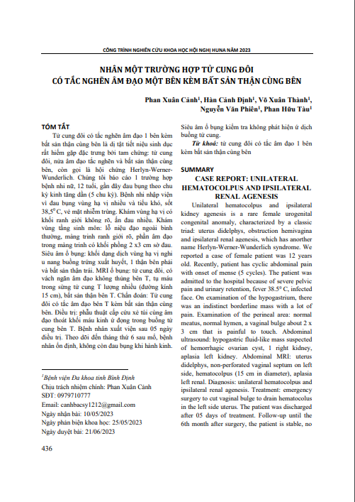 Nhân một trường hợp tử cung đôi có tắc nghẽn âm đạo một bên kèm bất sản thận cùng bên