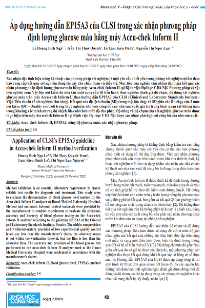 Áp dụng hướng dẫn EP15A3 của CLSI trong xác nhận phương pháp định lượng glucose máu bằng máy Accu-chek Inform II