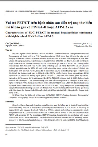 Vai trò PET/CT trên bệnh nhân sau điều trị ung thư biểu mô tế bào gan có PIVKA-II hoặc AFP-L3 cao