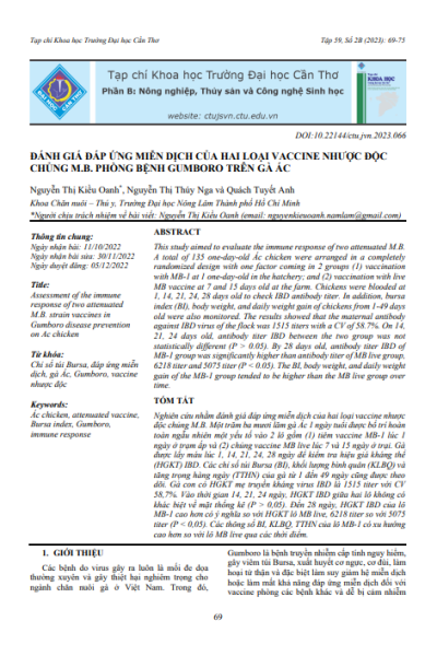 Đánh giá đáp ứng miễn dịch của hai loại vaccine nhược độc chủng M.B. phòng bệnh Gumboro trên gà ác
