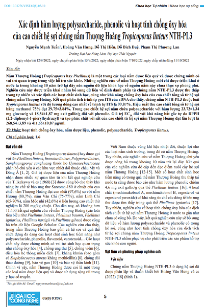Xác định hàm lượng polysaccharide, phenolic và hoạt tính chống ôxy hóa của cao chiết hệ sợi chủng nấm Thượng Hoàng Tropicoporus linteus NTH-PL3