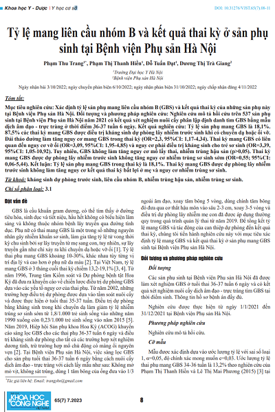 Tỷ lệ mang liên cầu nhóm B và kết quả thai kỳ ở sản phụ sinh tại Bệnh viện Phụ sản Hà Nội