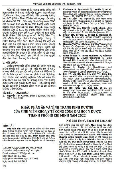 KHẨU PHẦN ĂN VÀ TÌNH TRẠNG DINH DƯỠNG CỦA SINH VIÊN KHOA Y TẾ CÔNG CỘNG ĐẠI HỌC Y DƯỢC THÀNH PHỐ HỒ CHÍ MINH NĂM 2022